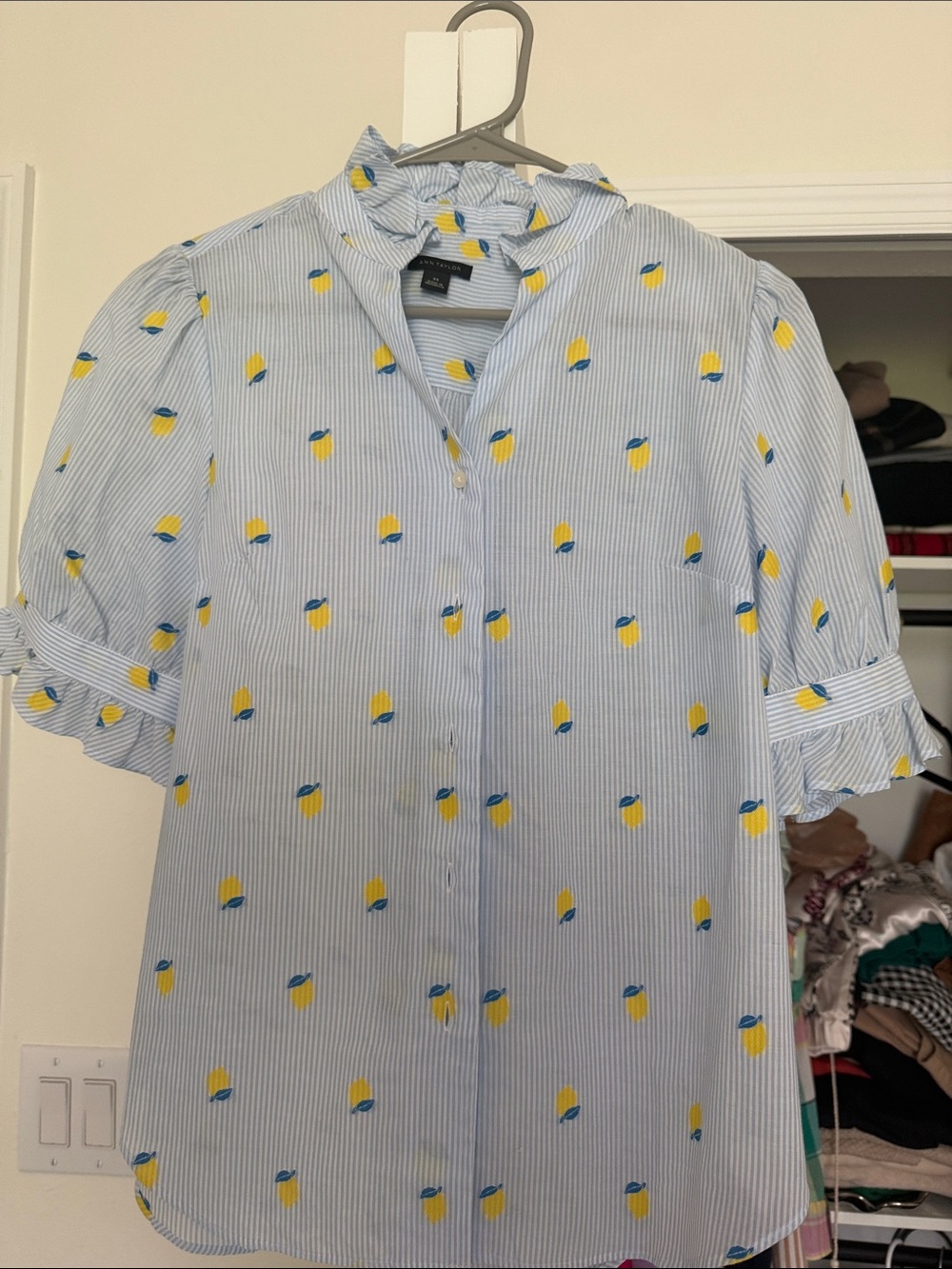 Ann Taylor Blue and Yellow Striped Lemon Print Blouse